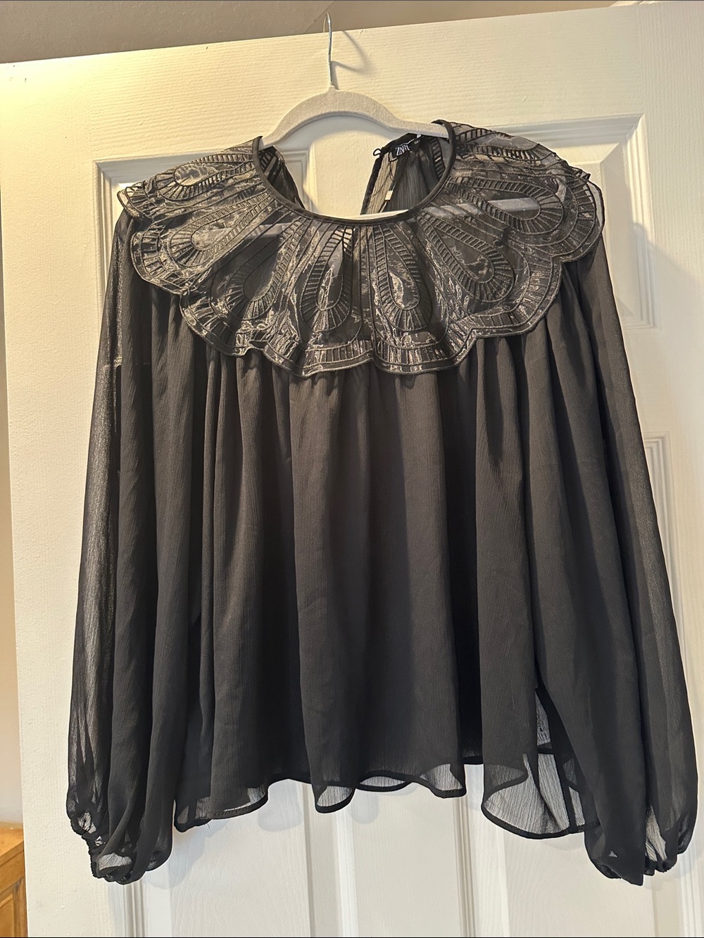 Zara Sheer Black Blouse with Embroidered Ruffled Collar size L